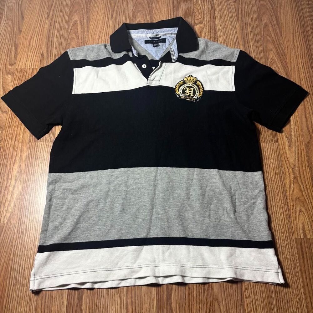 Vintage 2009 Tommy Hilfiger Polo Shirt Men’s Large Black White Striped